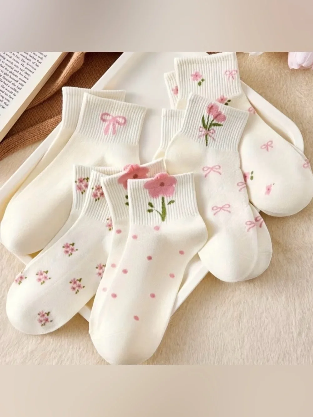 5 Pairs Floral & Butterfly Print Ankle Socks White & Pink Ribbed Elastic Cuff